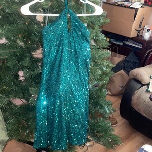 Holiday green sequin halter dress